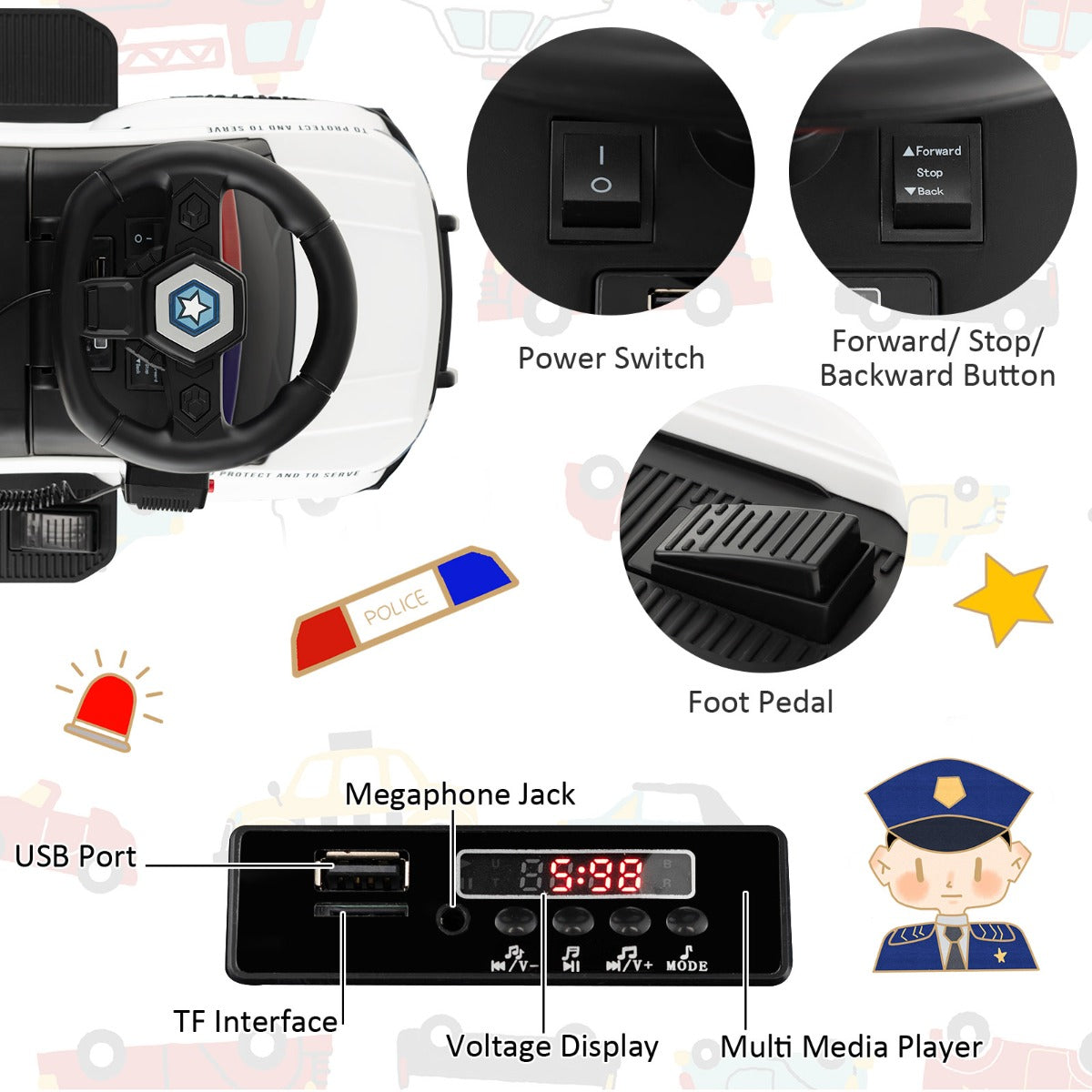 LIVSK Kinderpolitieauto voor Kinderen - Sirenegeluid - Waarschuwingslicht - Interactief Paneel - Tot 25 kg - Wit