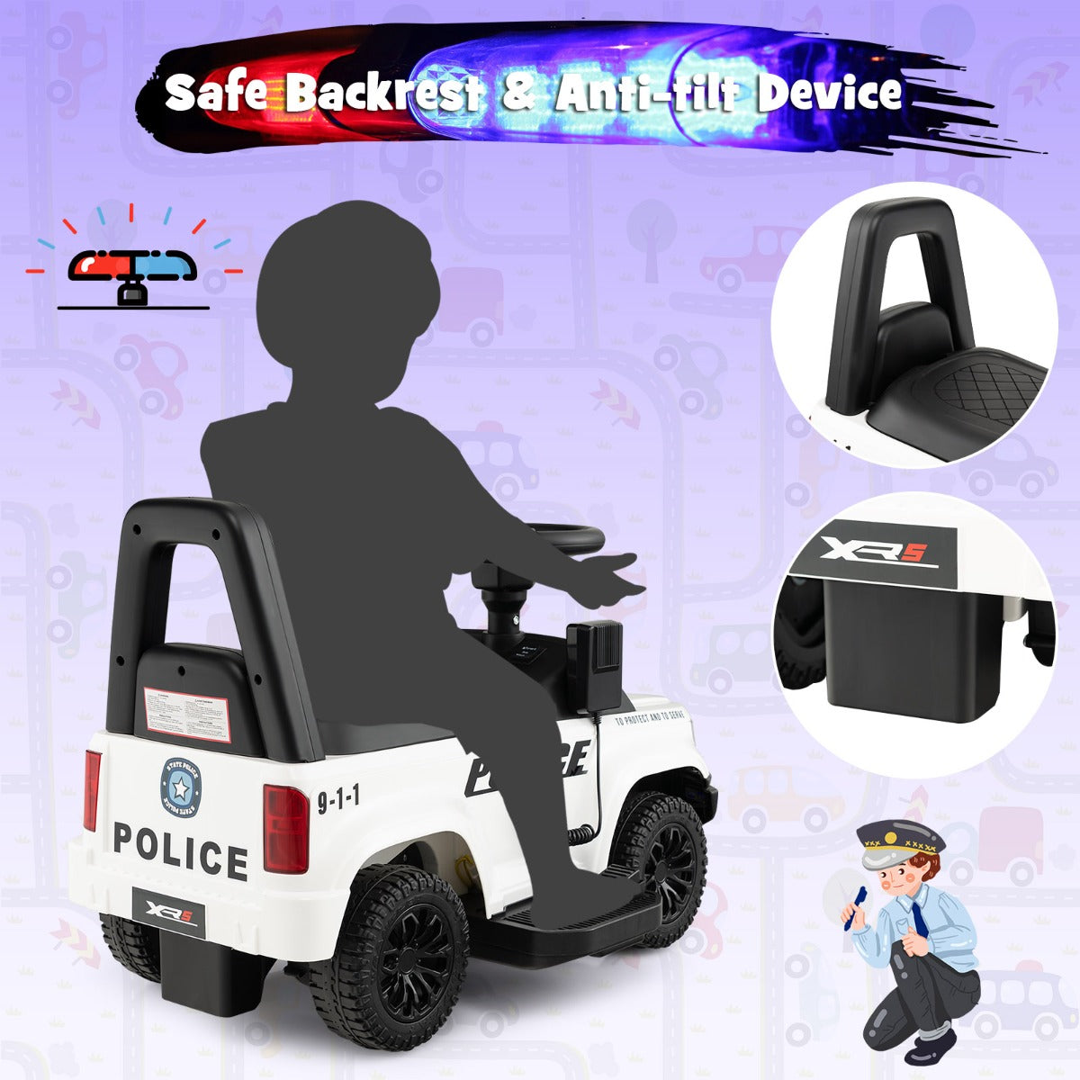 LIVSK Kinderpolitieauto voor Kinderen - Sirenegeluid - Waarschuwingslicht - Interactief Paneel - Tot 25 kg - Wit