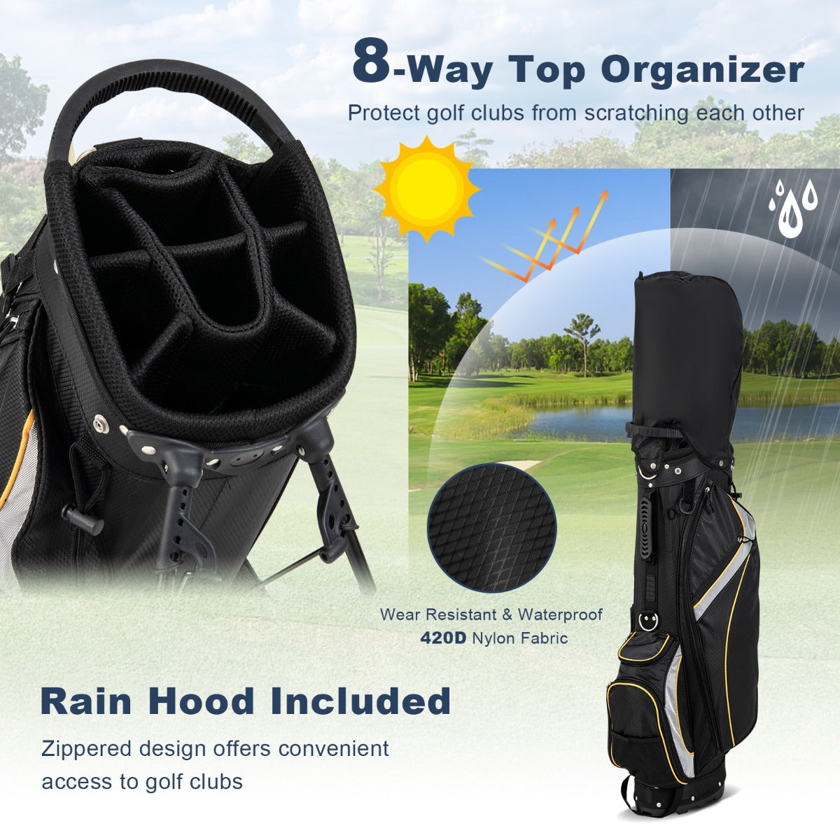 LIVSK Professionele Golftas - 8-Voudig Verdeelsysteem - Regenhoes - Dubbel Bandensysteem - 84 cm - Zwart
