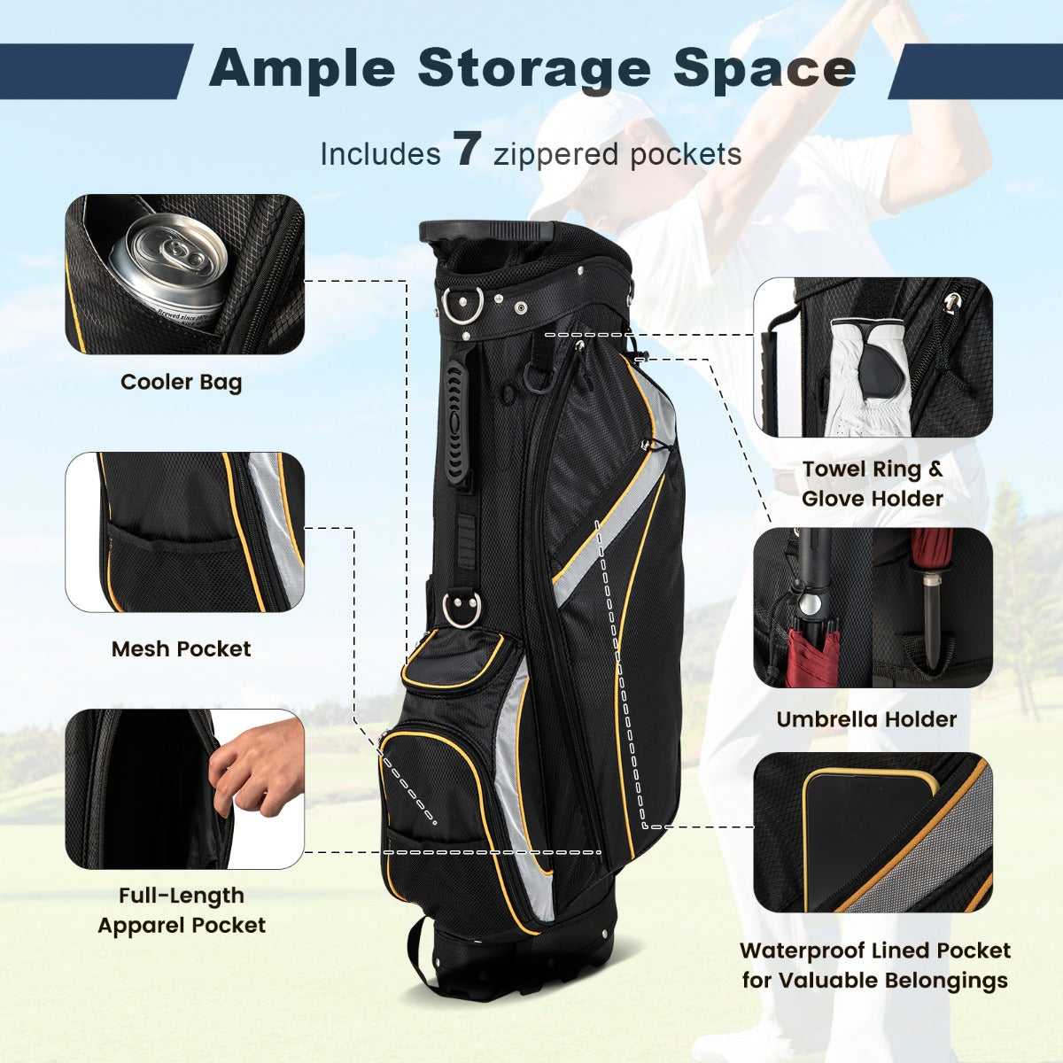 LIVSK Professionele Golftas - 8-Voudig Verdeelsysteem - Regenhoes - Dubbel Bandensysteem - 84 cm - Zwart