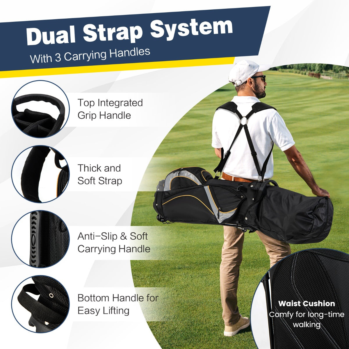 LIVSK Professionele Golftas - 8-Voudig Verdeelsysteem - Regenhoes - Dubbel Bandensysteem - 84 cm - Zwart