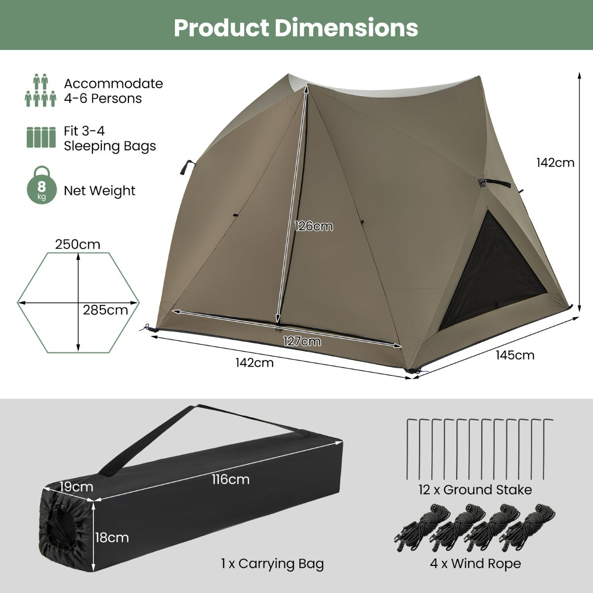 LIVSK Pop-Up Campingtent voor 4-6 Personen - Weerbestendig met Dakraam - Snelle Opbouw - Inclusief Draagtas - Olijfgroen
