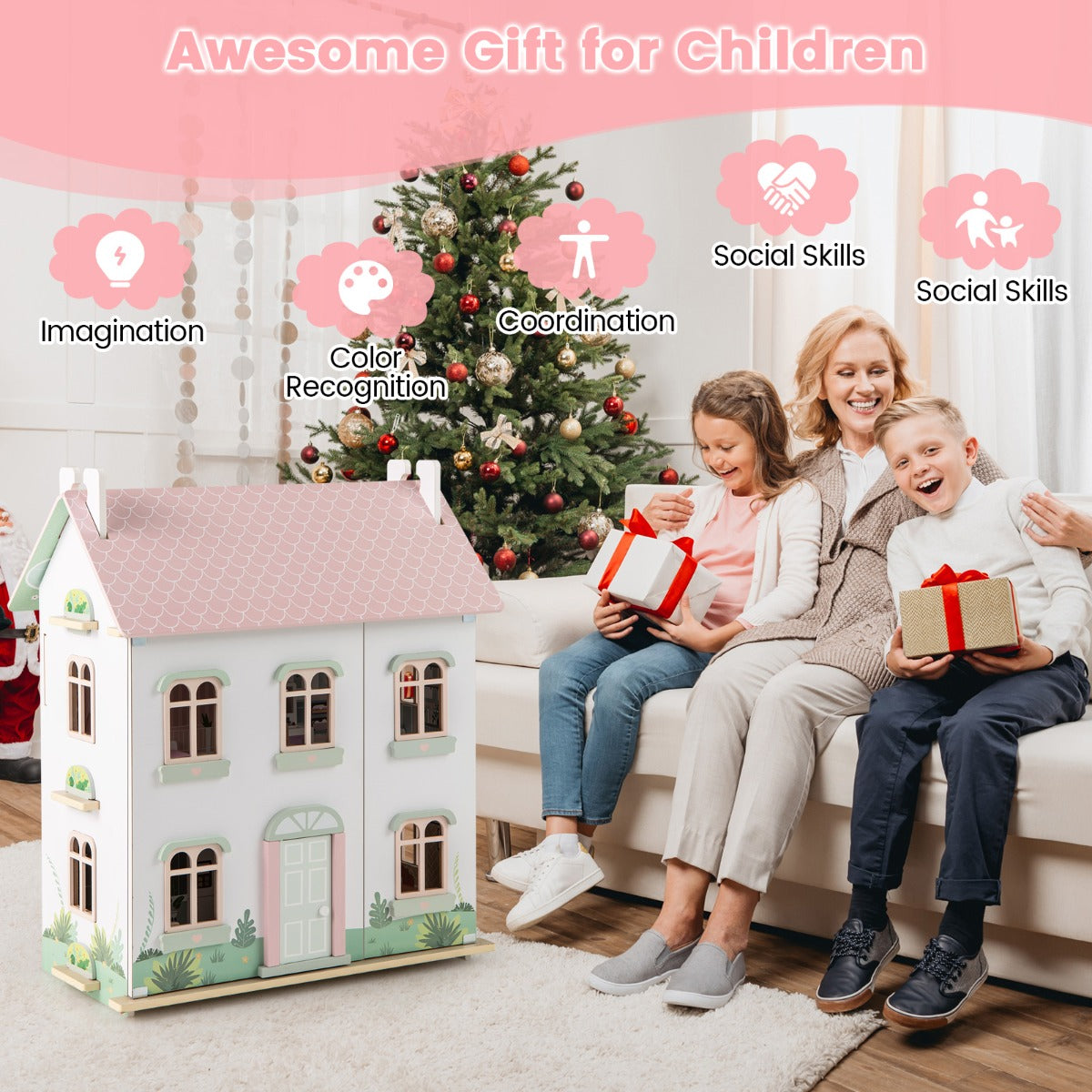 LIVSK Houten Poppenhuis - 3 Verdiepingen met Levensechte Ruimtes - Inclusief Meubels en Accessoires - Voor Kinderen vanaf 3 -