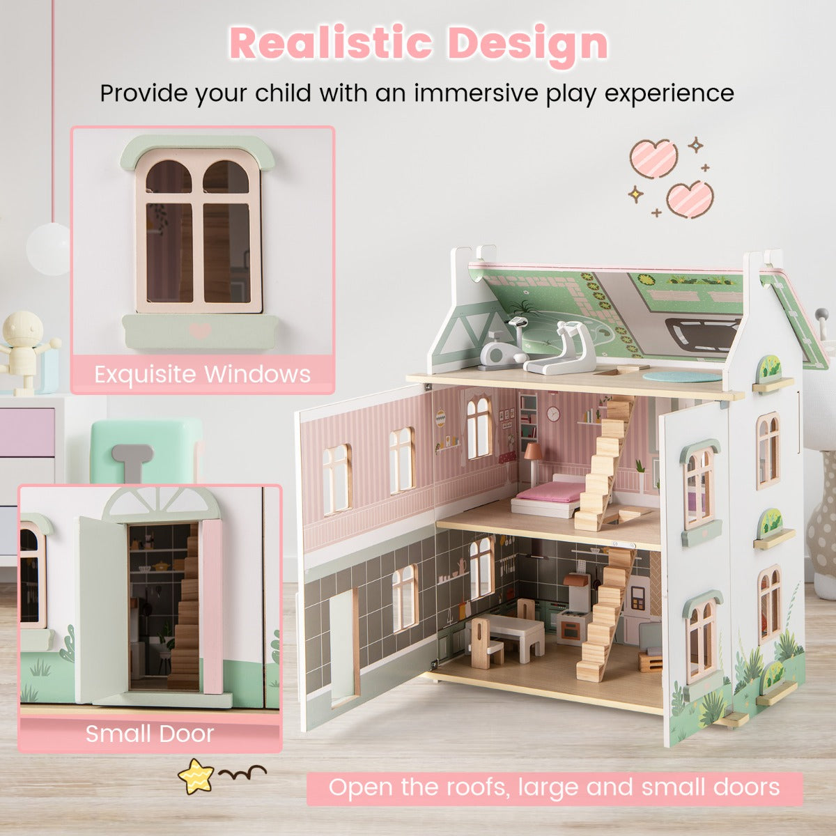 LIVSK Houten Poppenhuis - 3 Verdiepingen met Levensechte Ruimtes - Inclusief Meubels en Accessoires - Voor Kinderen vanaf 3 -