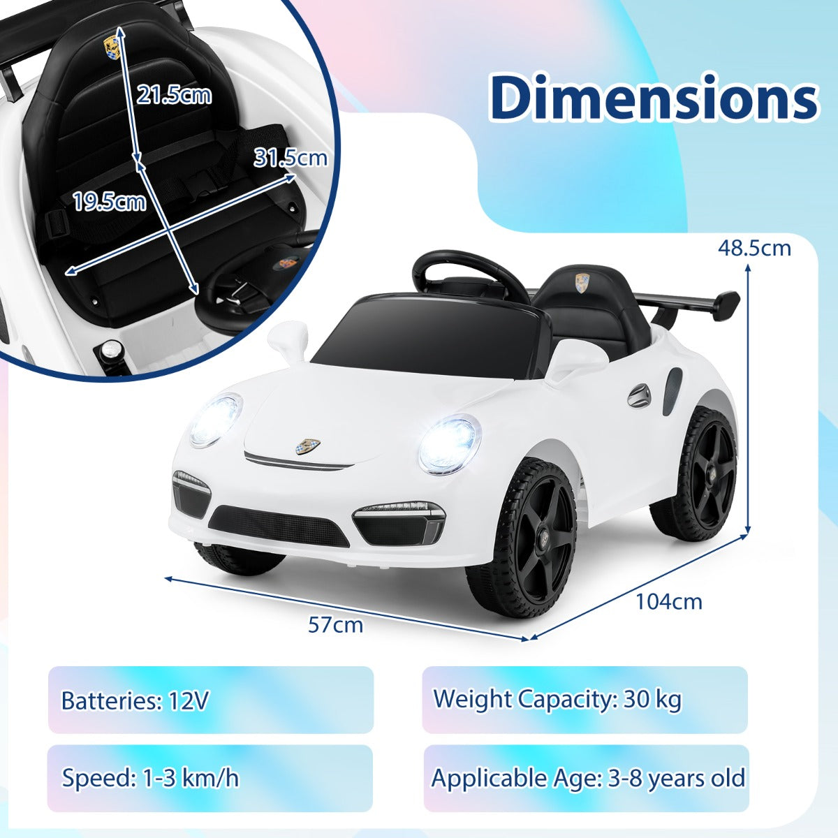 Livsk costway porsche elektrische auto voor kinderen 12v elektrisch kindervoertuig met afstandsbediening en usb poort wit 2