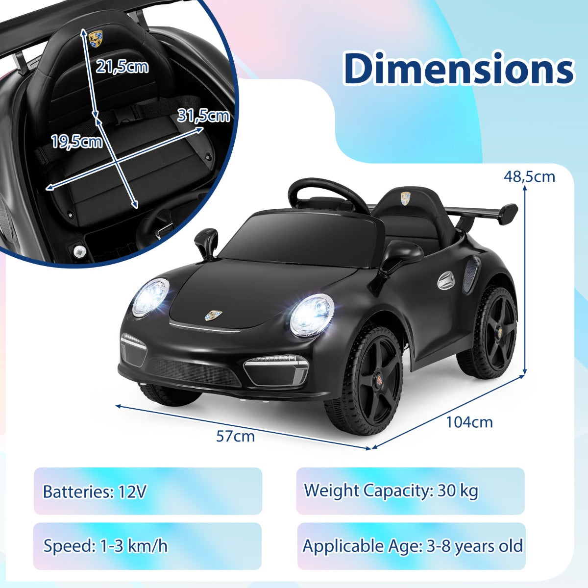 Livsk costway porsche elektrische auto voor kinderen 12v elektrisch kindervoertuig met afstandsbediening en usb poort zwart 2