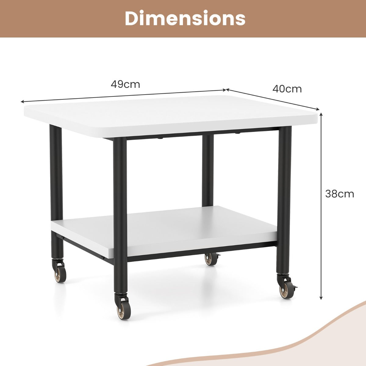 LIVSK Verrijdbare Printertafel - 2 Niveaus - Vergrendelingsmechanisme - Duurzaam en Ruimtebesparend - 49 x 40 x 38 cm - Wit