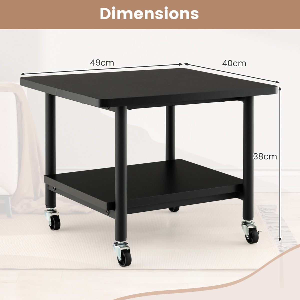 LIVSK Verrijdbare Printertafel - 2 Niveaus met Vergrendelingsmechanisme - Stevig Metaal - Tot 55 kg - Zwart