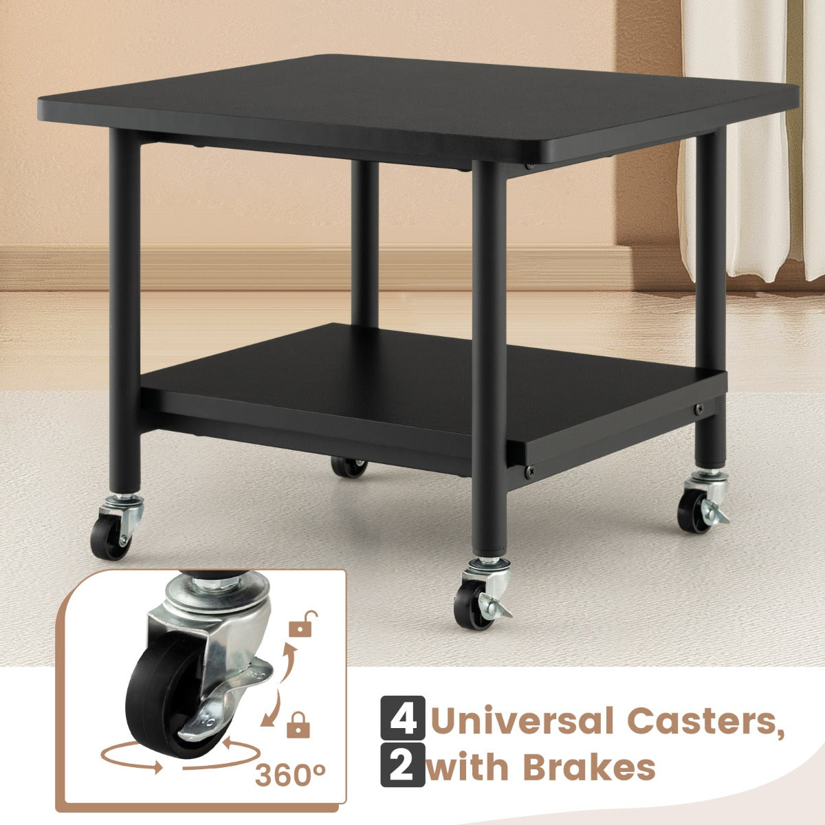 LIVSK Verrijdbare Printertafel - 2 Niveaus met Vergrendelingsmechanisme - Stevig Metaal - Tot 55 kg - Zwart