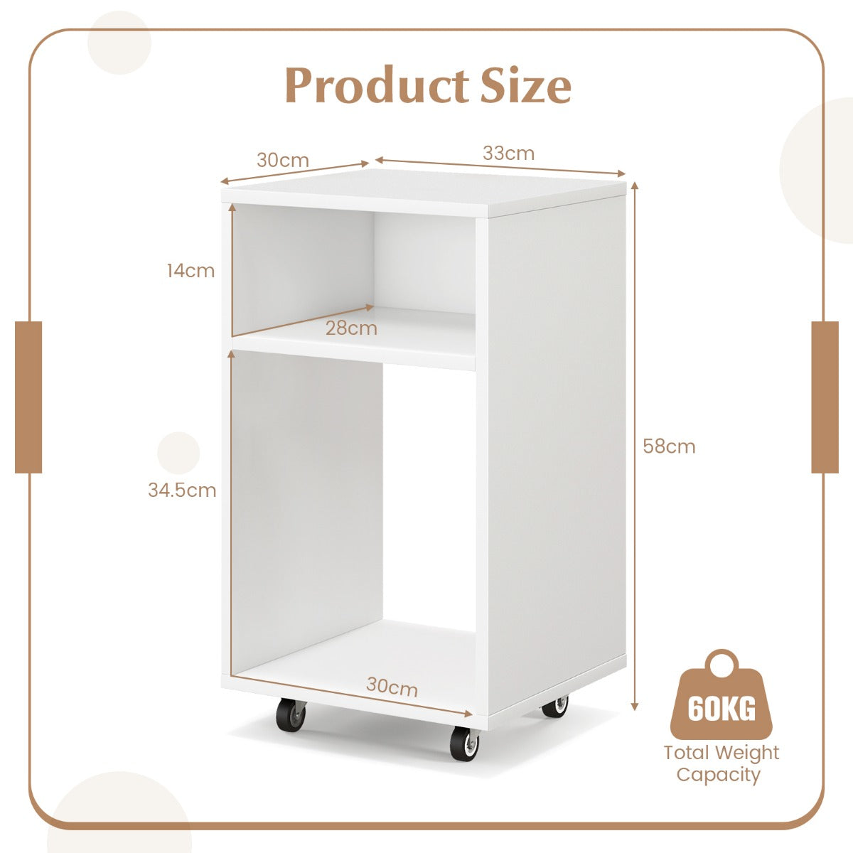 LIVSK Rolcontainer Kantoorwagen - 2 Open Planken - 4 Wielen - Stabiele Structuur - 60 kg Draagvermogen - 33 x 30 x 58 cm - Wit
