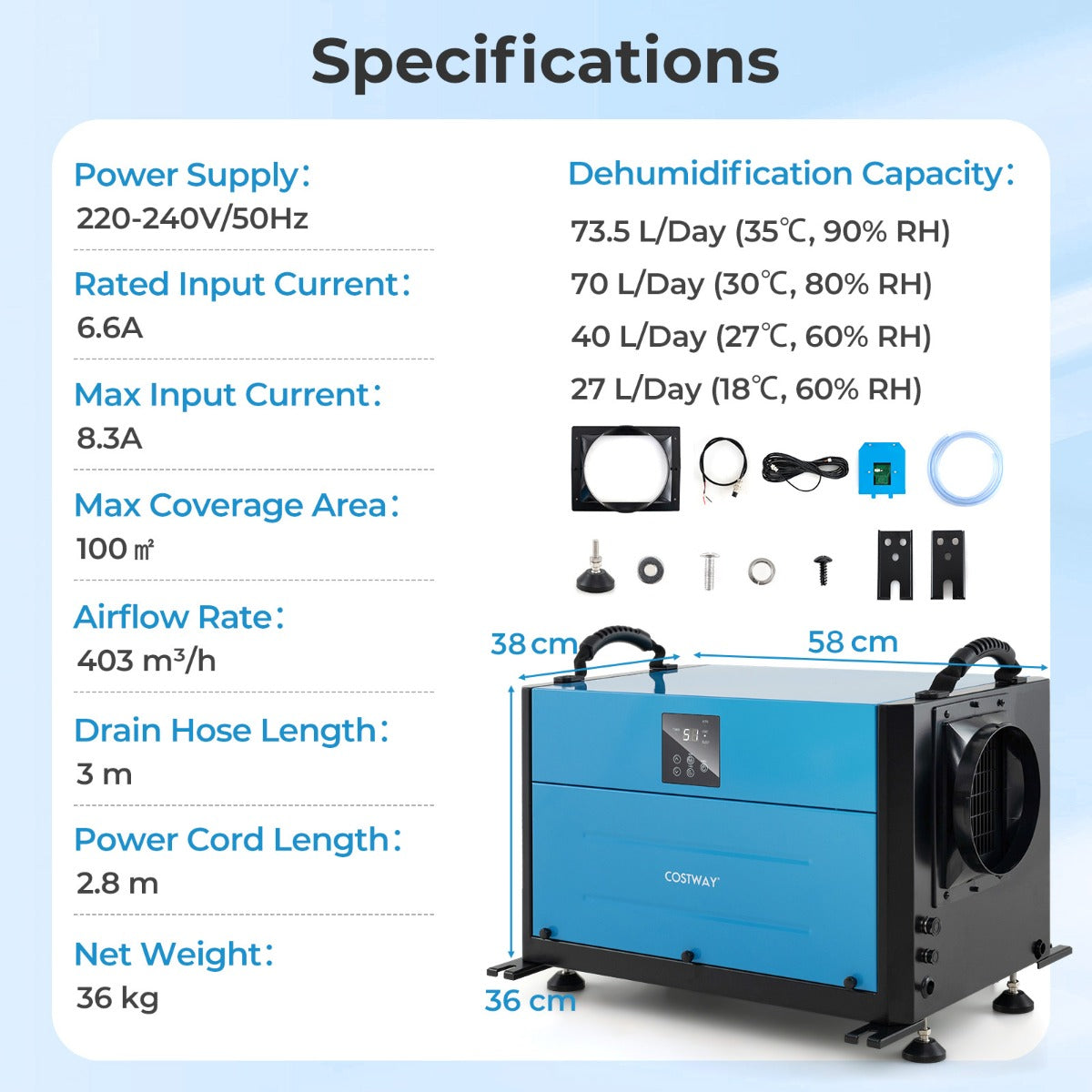 Livsk costway professionele luchtontvochtiger met een capaciteit van 735 l dag industriele luchtontvochtiger met 3 standen 24 uurs timer blauw 3