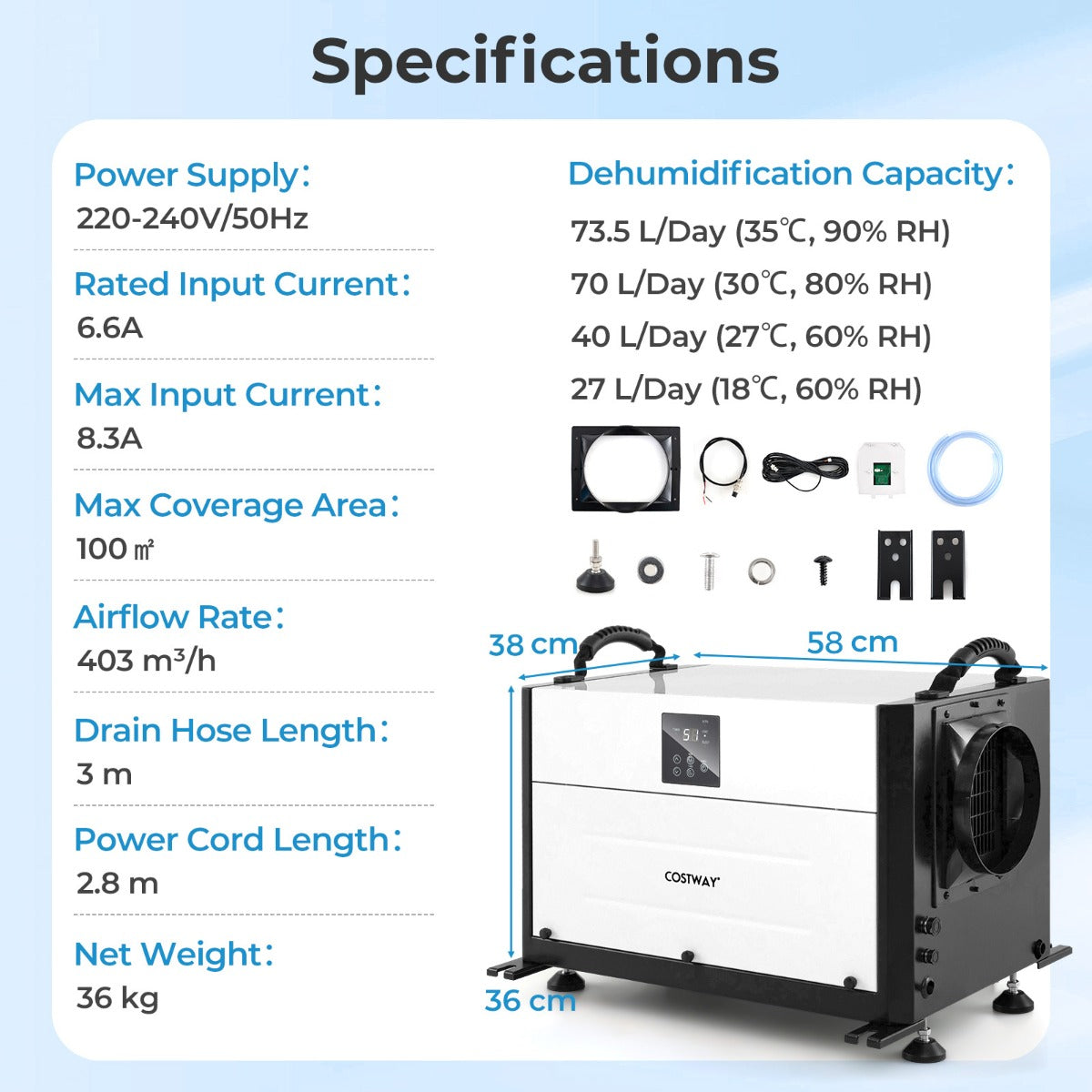 LIVSK Professionele Luchtontvochtiger - 73,5 L/Dag - 3 Standen - 24-Uurs Timer - Tot 100 m² - Blauw/Wit