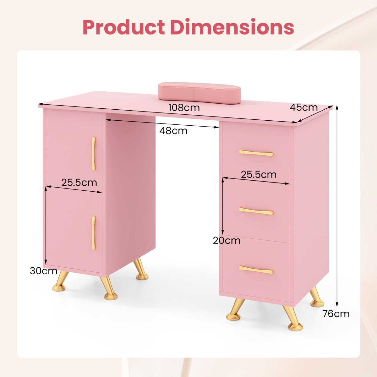 LIVSK Manicuretafel met Polssteun - 2 Kasten - 3 Lades - Acetonbestendig MDF - Stabiele Metalen Poten - 108 x 45 x 76 cm - Zwart