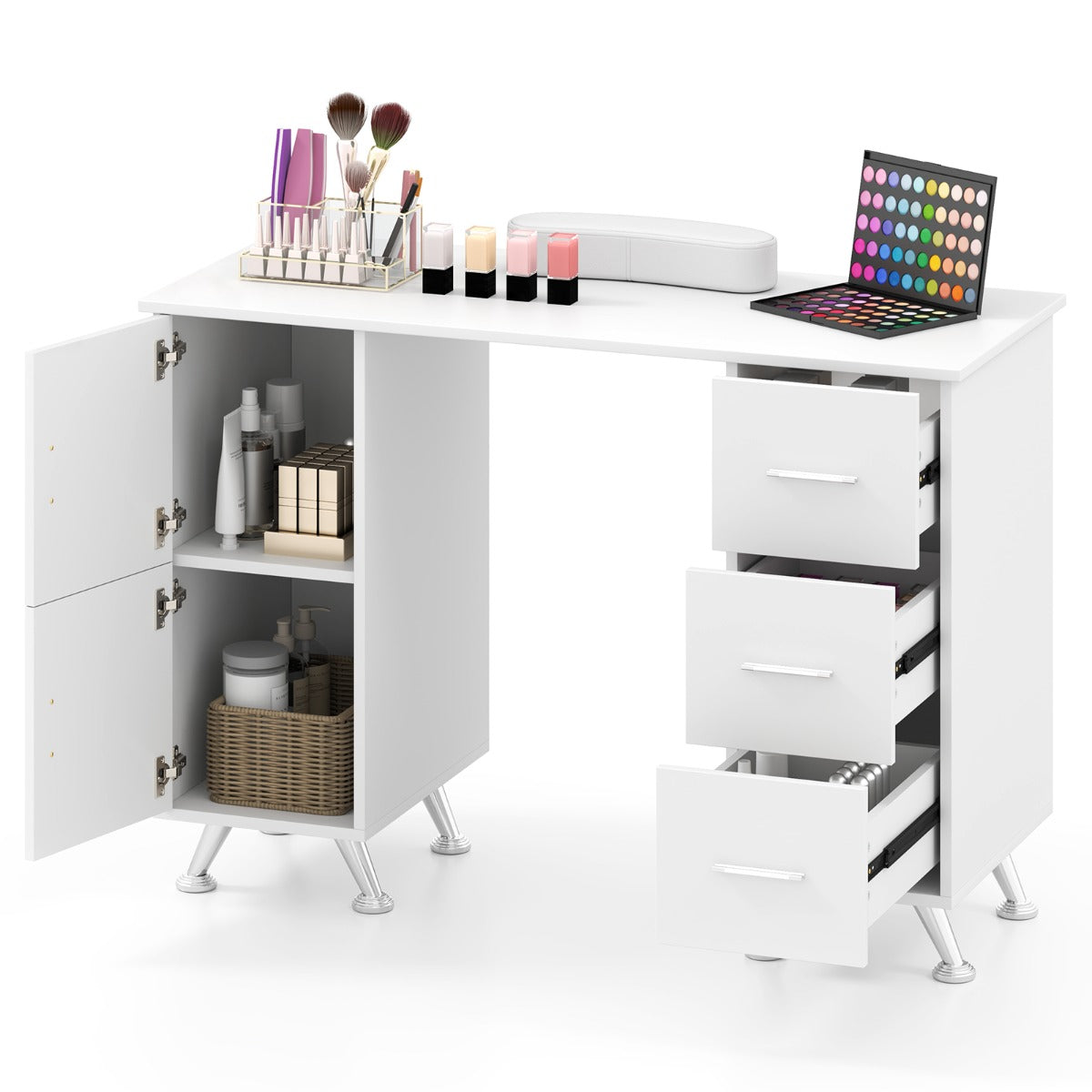 LIVSK Manicuretafel met Polssteun - 2 Kasten - 3 Lades - Acetonbestendig - Stevige Metalen Poten - 108 x 45 x 76 cm - Zwart
