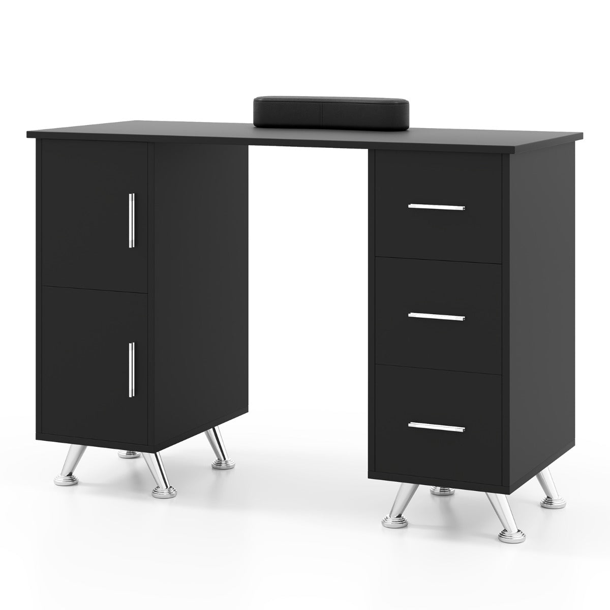 LIVSK Manicuretafel met Polssteun - 2 Kasten - 3 Lades - Acetonbestendig Blad - Metalen Poten - 108 x 45 x 76 cm - Zwart