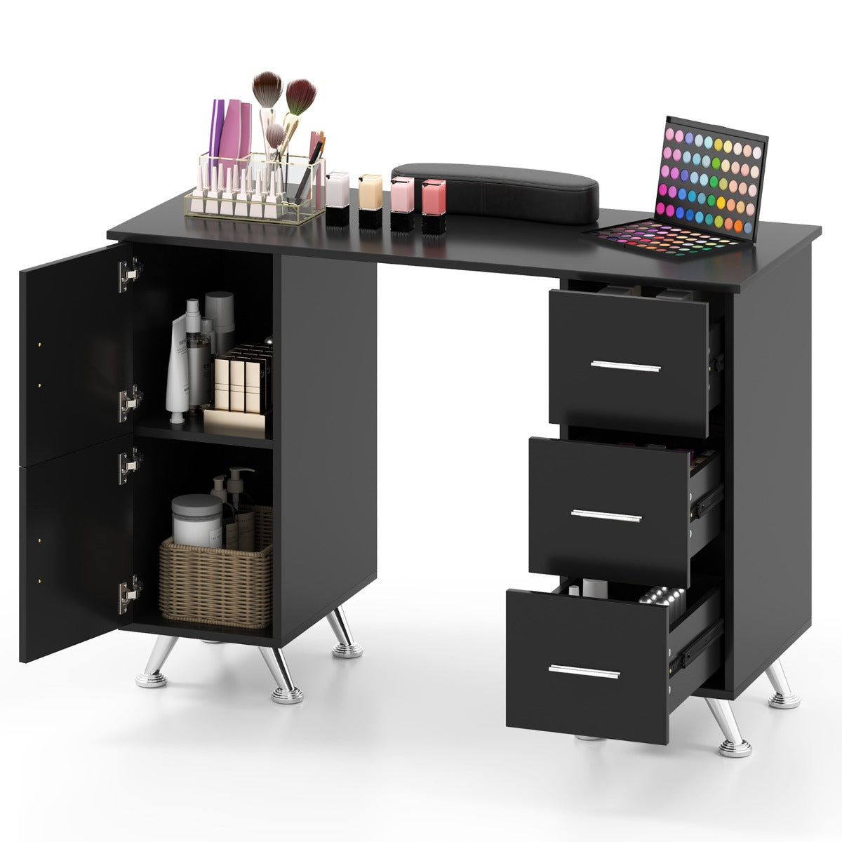 LIVSK Manicuretafel met Polssteun - 2 Kasten - 3 Lades - Acetonbestendig Blad - Metalen Poten - 108 x 45 x 76 cm - Zwart
