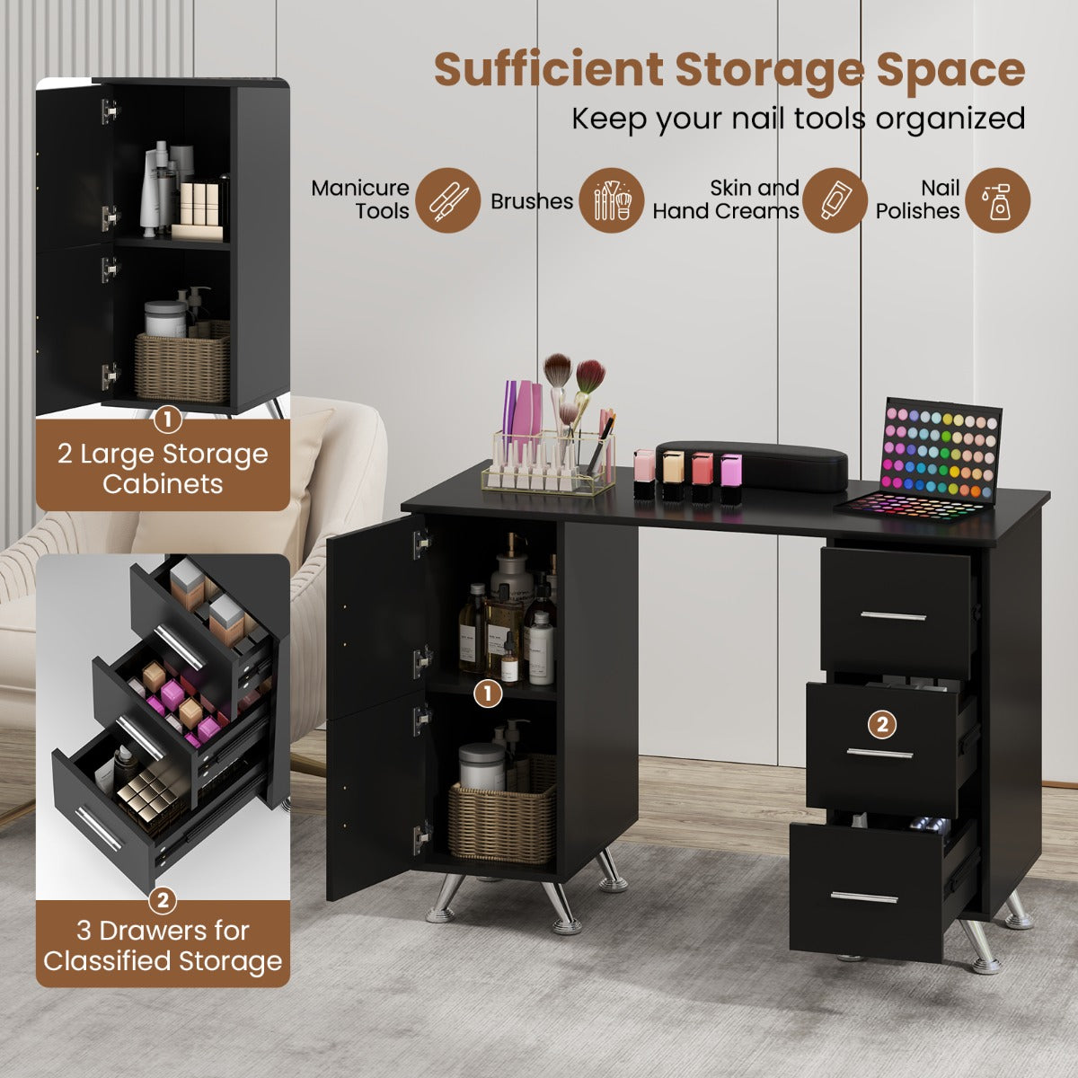 LIVSK Manicuretafel met Polssteun - 2 Kasten - 3 Lades - Acetonbestendig Blad - Metalen Poten - 108 x 45 x 76 cm - Zwart