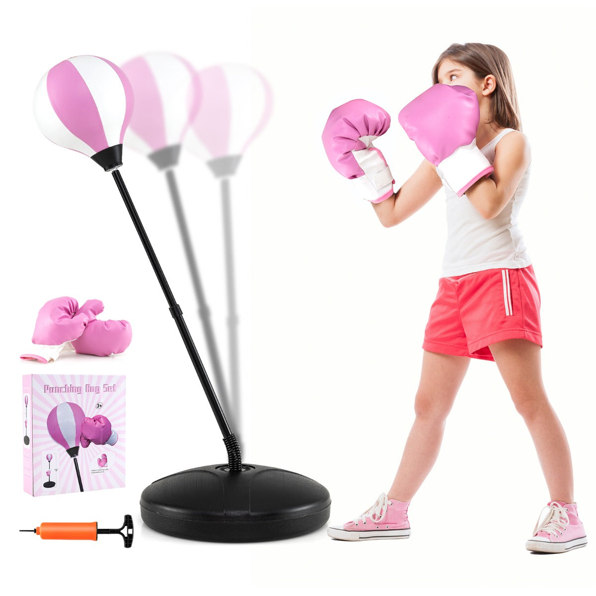 LIVSK Boksbal Set - Verstelbare Hoogte 81-123 cm - Stabiele Stand - Duurzaam en Lichtgewicht - Voor Kinderen - Roze