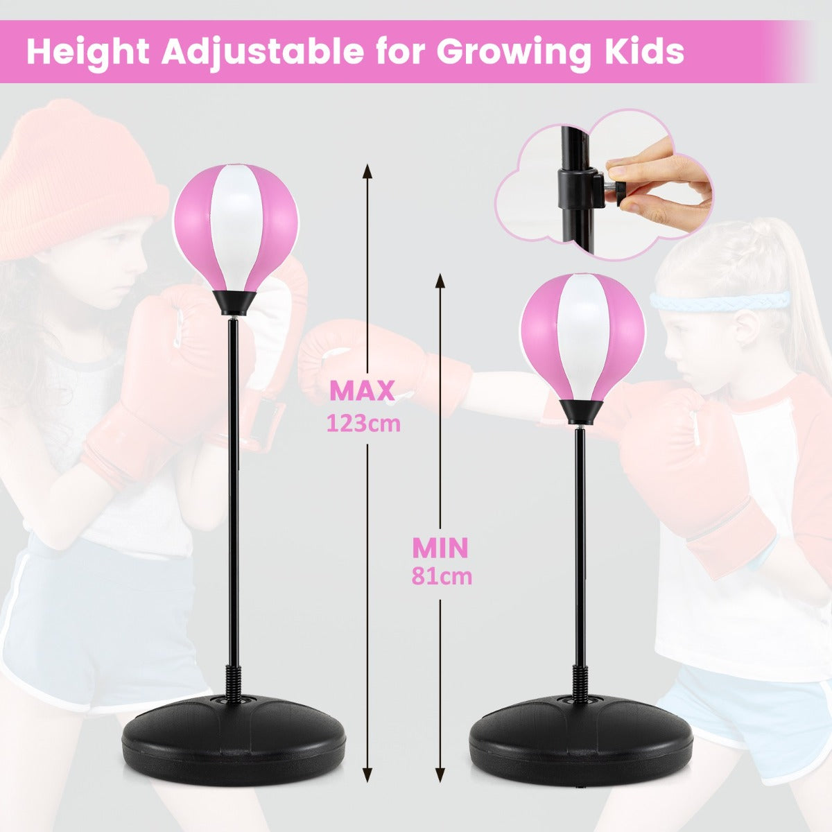 LIVSK Boksbal Set - Verstelbare Hoogte 81-123 cm - Stabiele Stand - Duurzaam en Lichtgewicht - Voor Kinderen - Roze