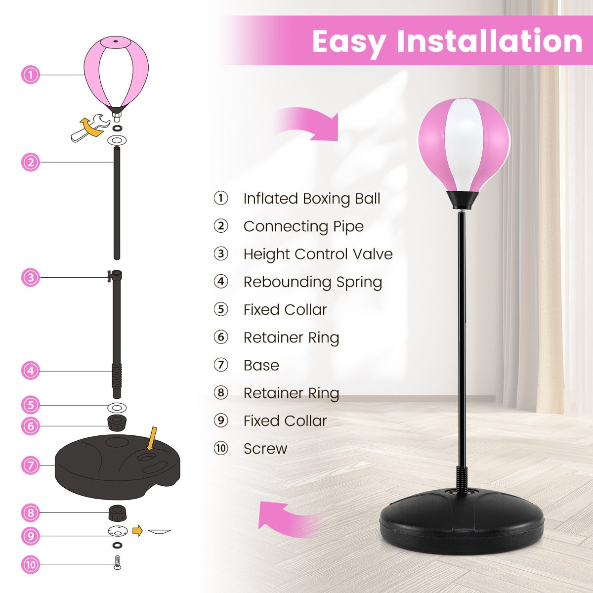 LIVSK Boksbal Set - Verstelbare Hoogte 81-123 cm - Stabiele Stand - Duurzaam en Lichtgewicht - Voor Kinderen - Roze