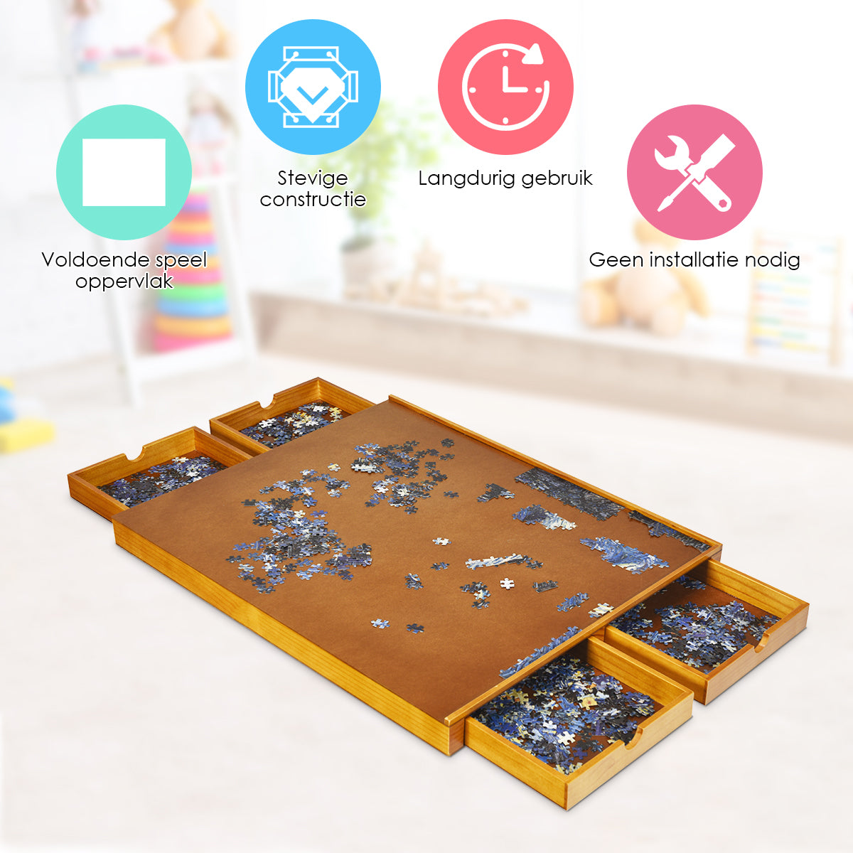 LIVSK Houten Puzzeltafel met Laden - Draagbaar Werkoppervlak voor 1000-1500 Stukjes - 4 Handige Laden - Massief Grenenhout -