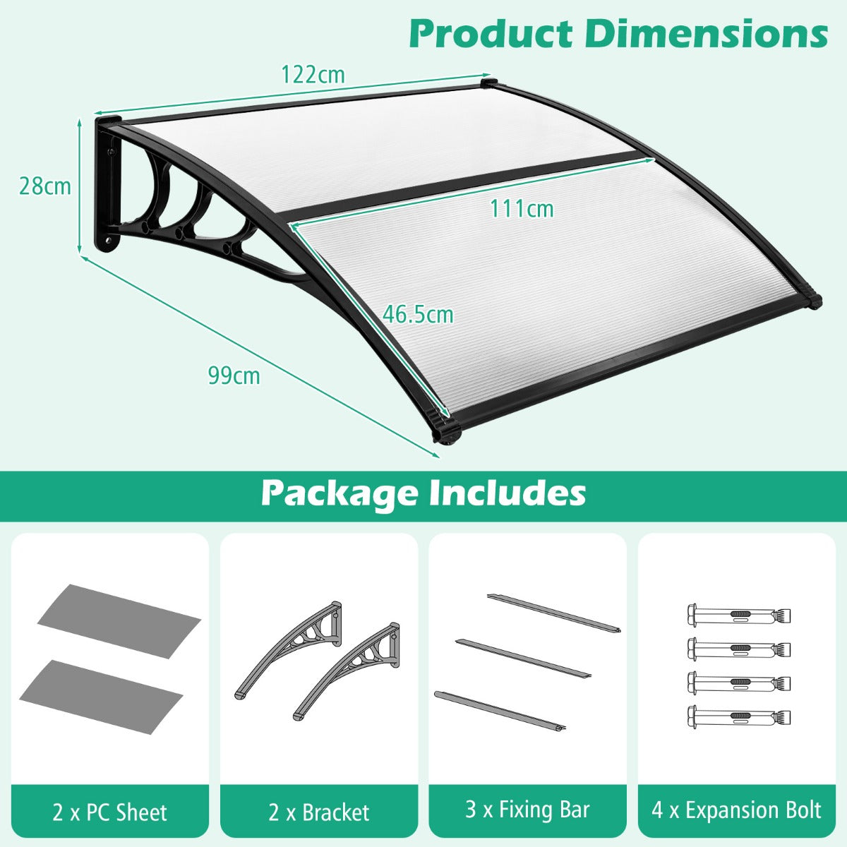 LIVSK Deurluifel polycarbonaat - Weerbestendig - Eenvoudige installatie - Geschikt voor diverse wandoppervlakken - 122 x 99 x 28