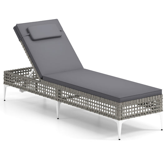 LIVSK Patio Ligstoel met Hoofdkussen - 6 Verstelbare Standen - Duurzaam PE-Rattan - Tot 180 kg - Gemengd Grijs