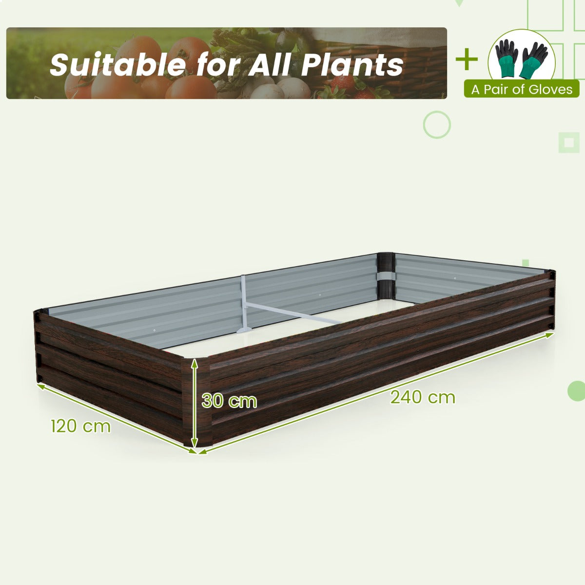 LIVSK Verhoogd Tuinbed - Weerbestendig Metaal - 240 x 120 x 30 cm - Voor Groenten en Bloemen - Open Basis - Koffie + Zilver