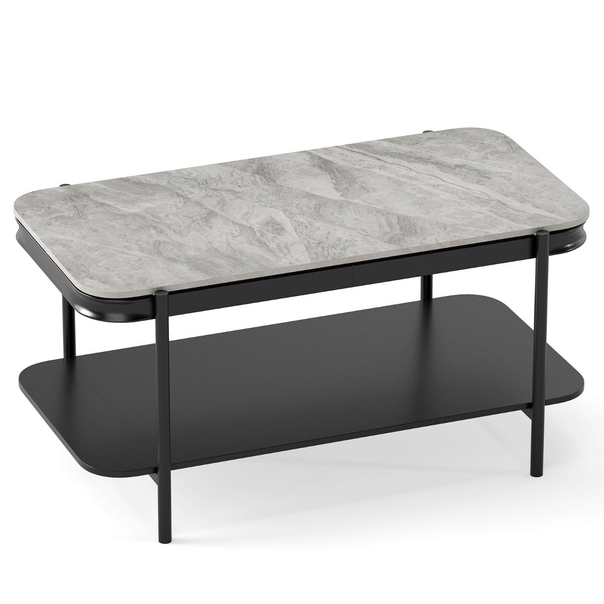 Livsk costway rechthoekige salontafel 2 traps salontafel met sintersteen oppervlak opbergvak moderne cocktailtafel salontafel met metalen frame 1 1