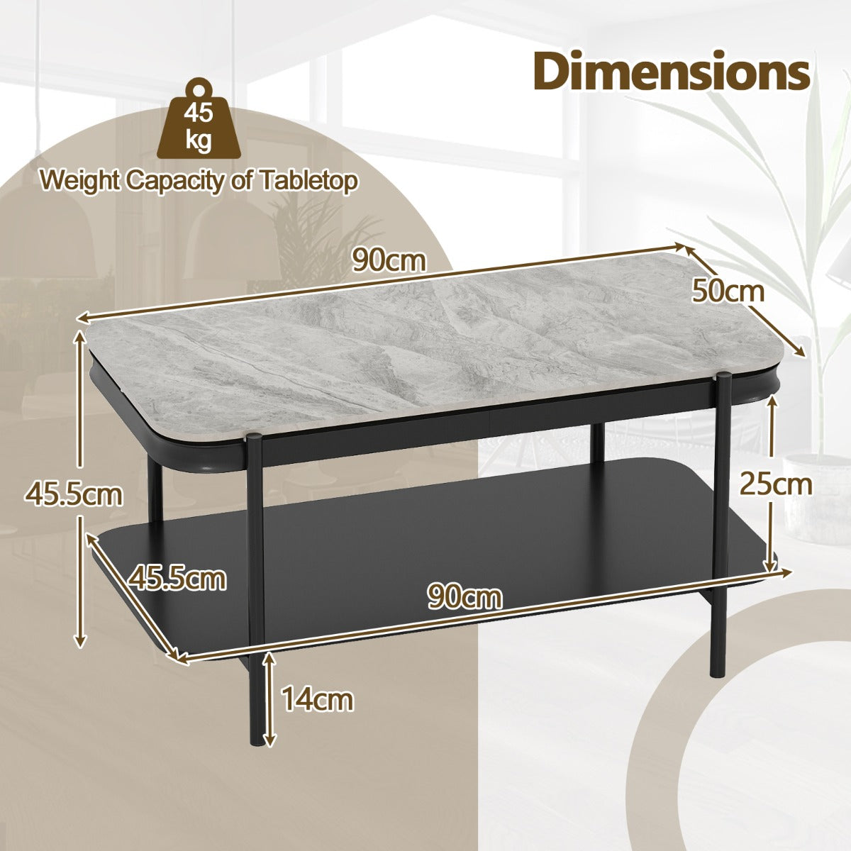 Livsk costway rechthoekige salontafel 2 traps salontafel met sintersteen oppervlak opbergvak moderne cocktailtafel salontafel met metalen frame 2