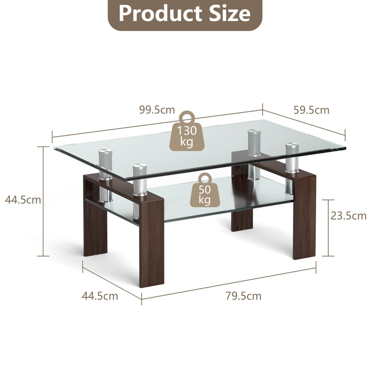 LIVSK Moderne Salontafel - Gehard Glas Blad - Metalen Poten - 2 Niveaus - Krasbestendig en Hittebestendig - Transparant en Bruin