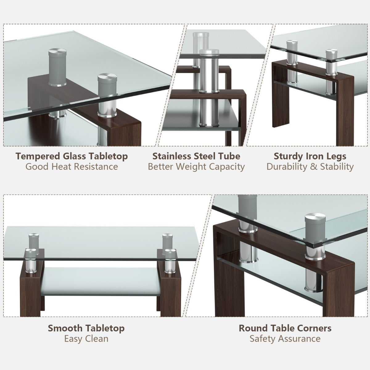 LIVSK Moderne Salontafel - Gehard Glas Blad - Metalen Poten - 2 Niveaus - Krasbestendig en Hittebestendig - Transparant en Bruin