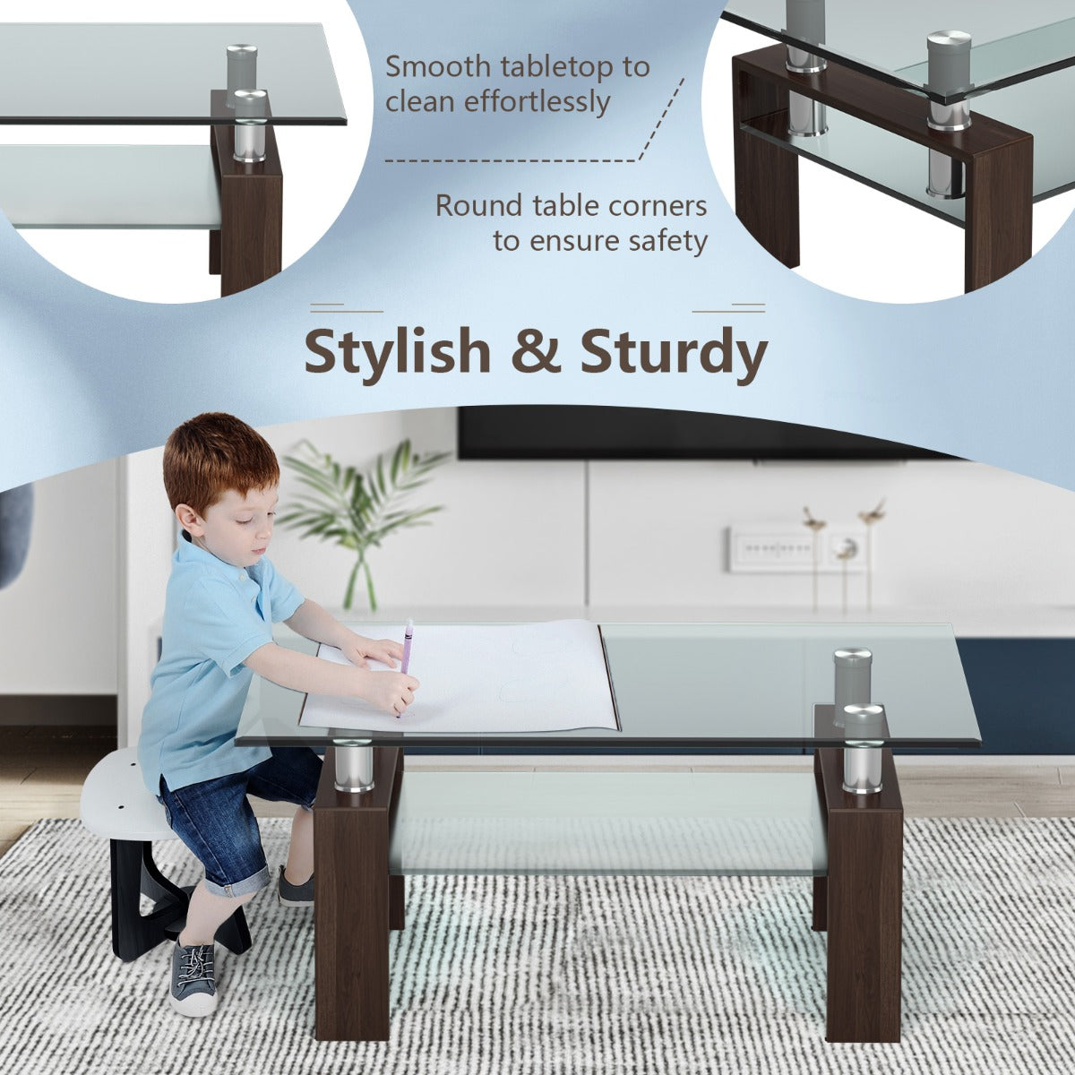 LIVSK Moderne Salontafel - Gehard Glas Blad - Metalen Poten - 2 Niveaus - Krasbestendig en Hittebestendig - Transparant en Bruin