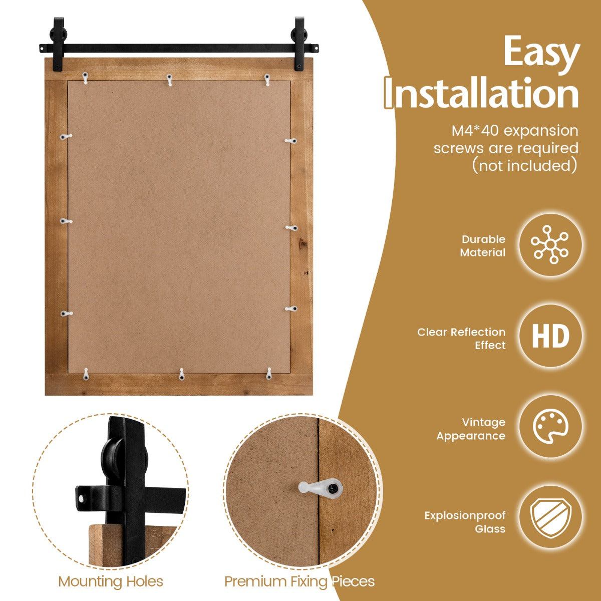 LIVSK Wandspiegel - Hoge Resolutie - Explosiebestendig - Massief Houten Frame - Rustieke Boerderijstijl - 76 x 56 cm - Bruin