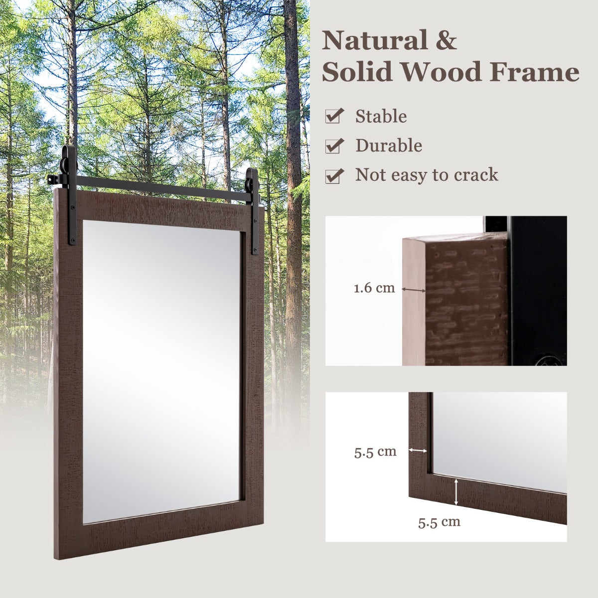 LIVSK Wandspiegel - Explosieveilig - Rechthoekig met Massief Houten Frame - 76 x 56 cm - Rustieke Stijl - Donkerbruin
