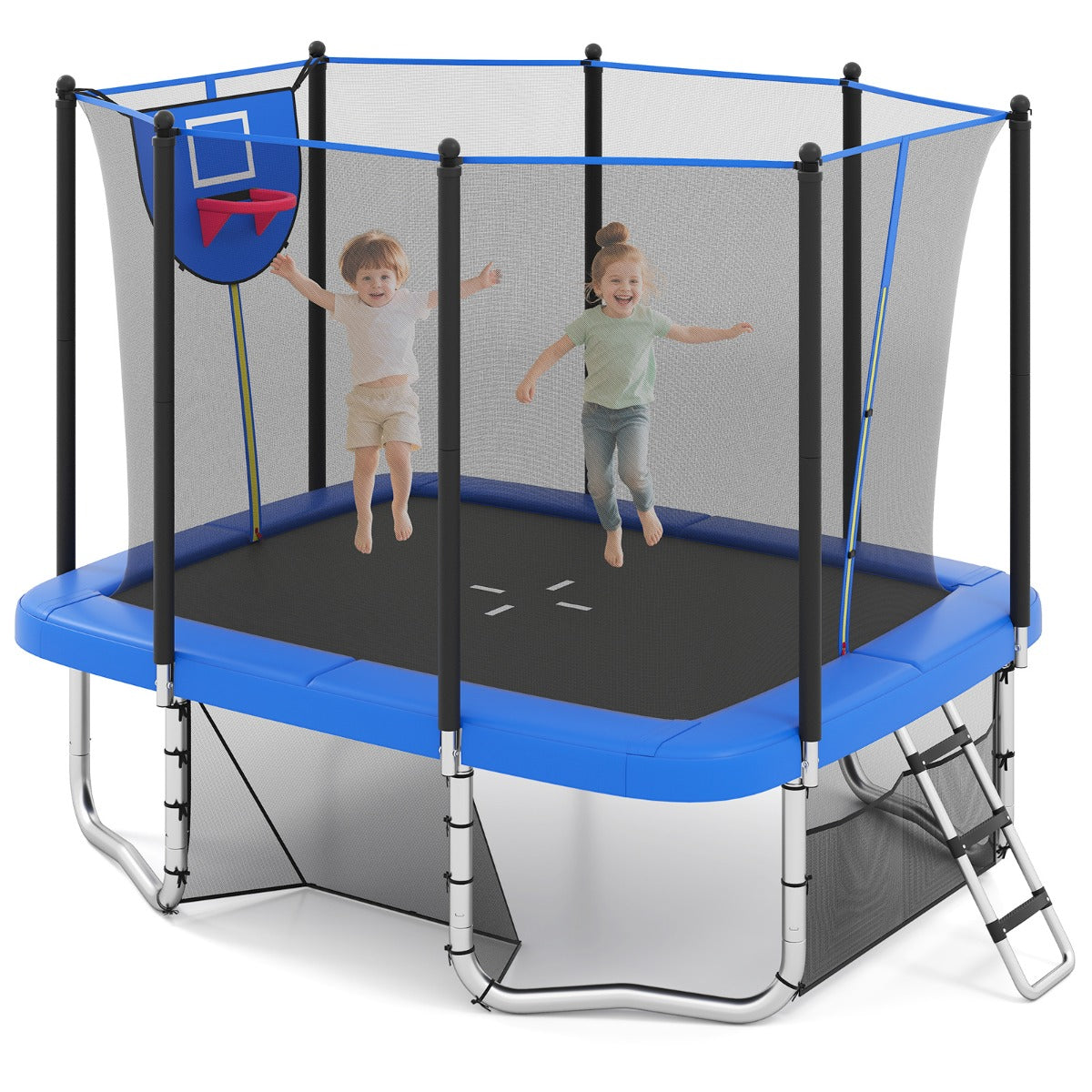 Livsk costway rechthoekige trampoline voor buiten 317 x 255 cm met basketbalring voetbaldoel antislip ladder veiligheidsnet en roestvrij stalen frame