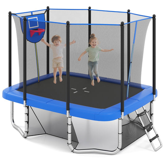 Livsk costway rechthoekige trampoline voor buiten 317 x 255 cm met basketbalring voetbaldoel antislip ladder veiligheidsnet en roestvrij stalen frame