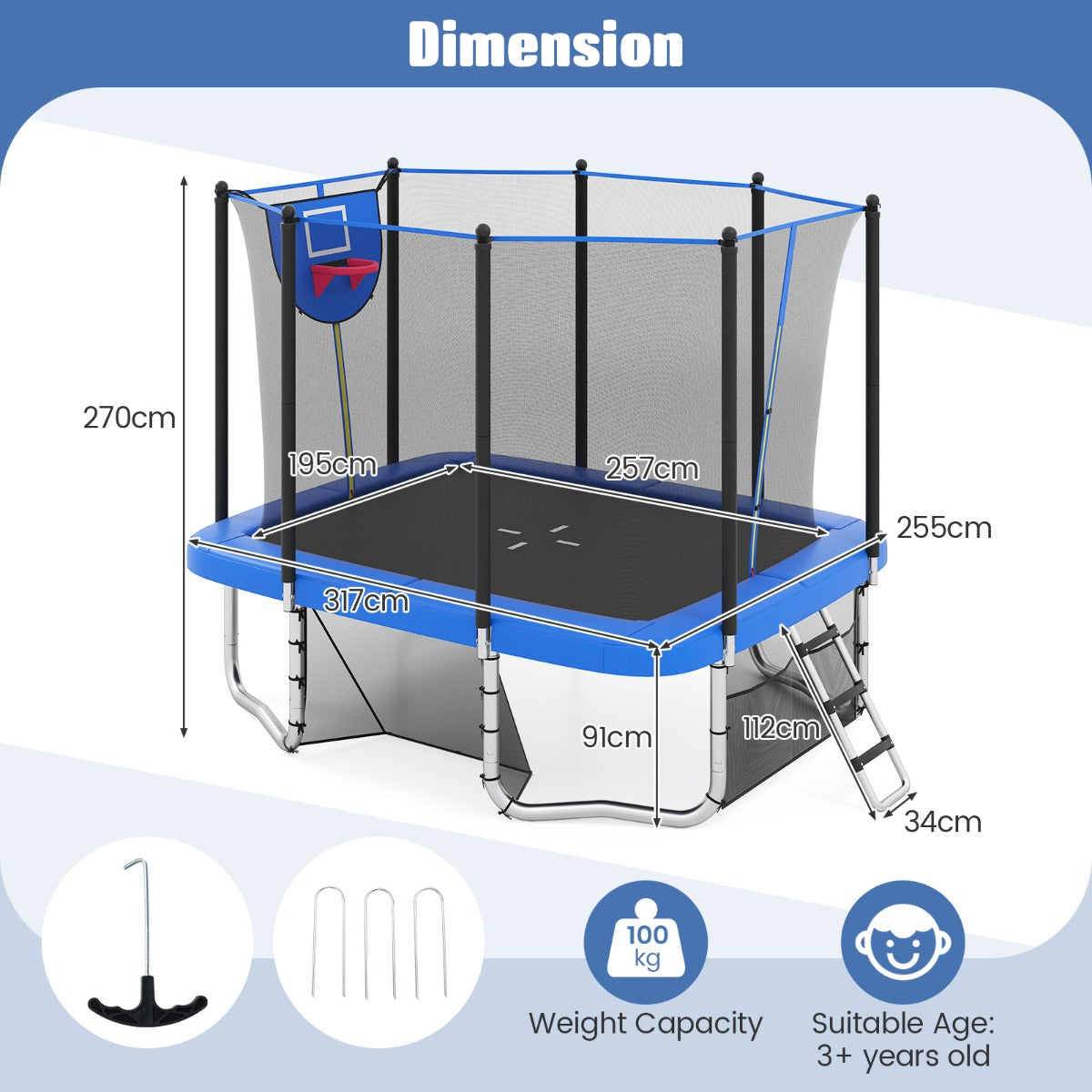 Livsk costway rechthoekige trampoline voor buiten 317 x 255 cm met basketbalring voetbaldoel antislip ladder veiligheidsnet en roestvrij stalen frame