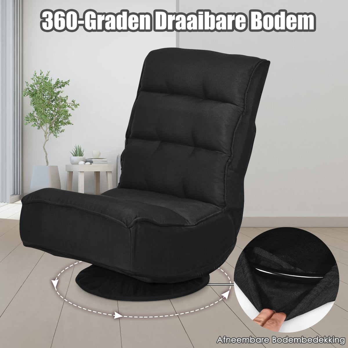 LIVSK Draaibare Vloerstoel - 360-graden Rotatie - 5 Verstelbare Rugposities - Opvouwbaar - Ademend en Duurzaam - Zwart