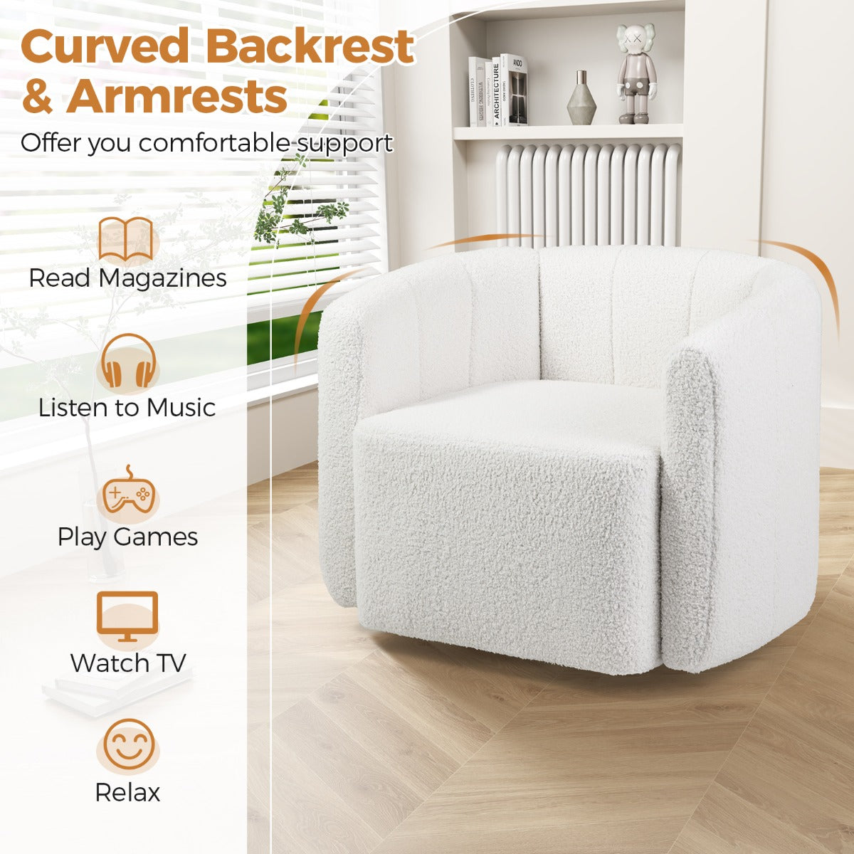 LIVSK Sherpa Relaxstoel - Ergonomisch Draaibaar - Ruime Zitting 59 x 58 cm - Voor Woonkamer en Slaapkamer - Wit