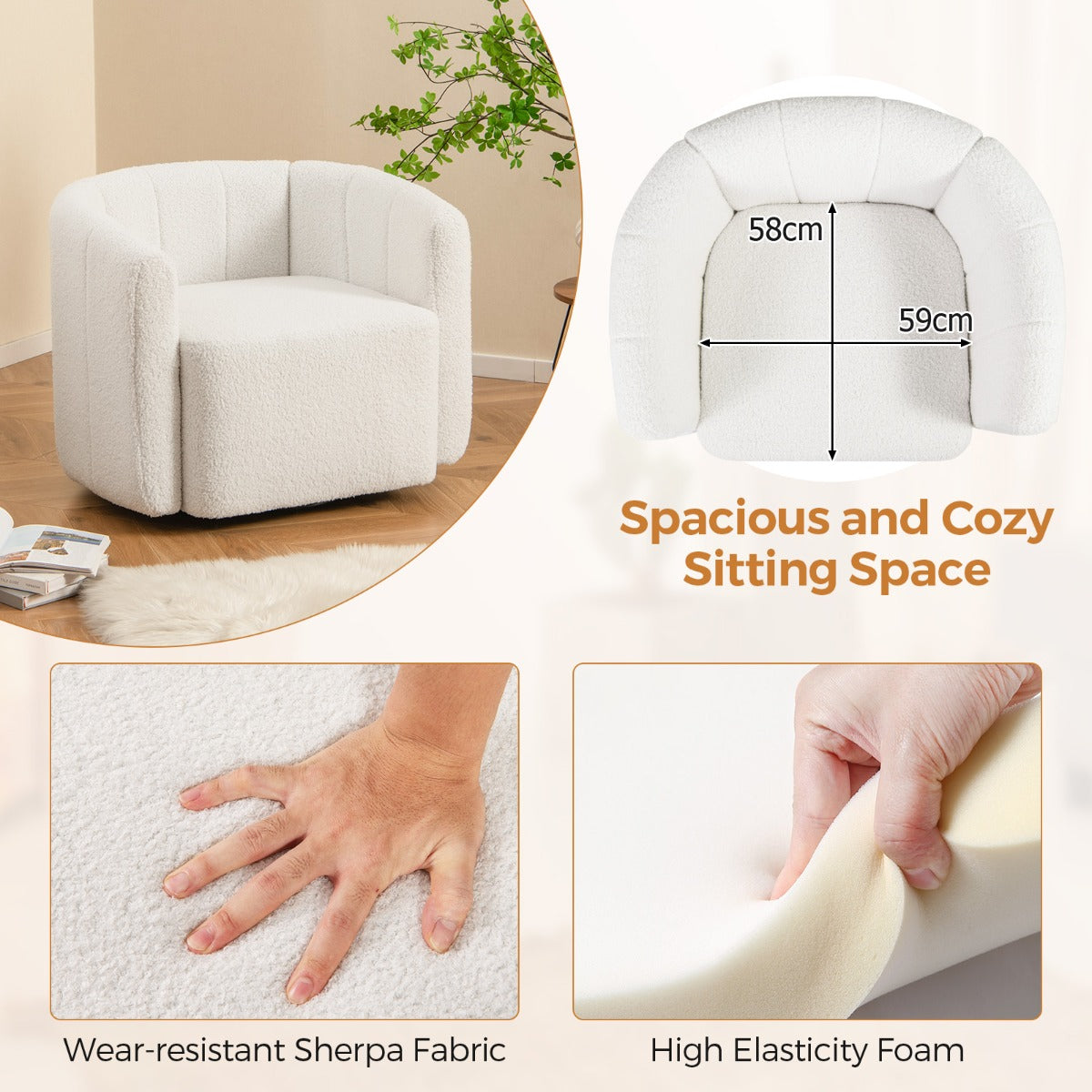 LIVSK Sherpa Relaxstoel - Ergonomisch Draaibaar - Ruime Zitting 59 x 58 cm - Voor Woonkamer en Slaapkamer - Wit