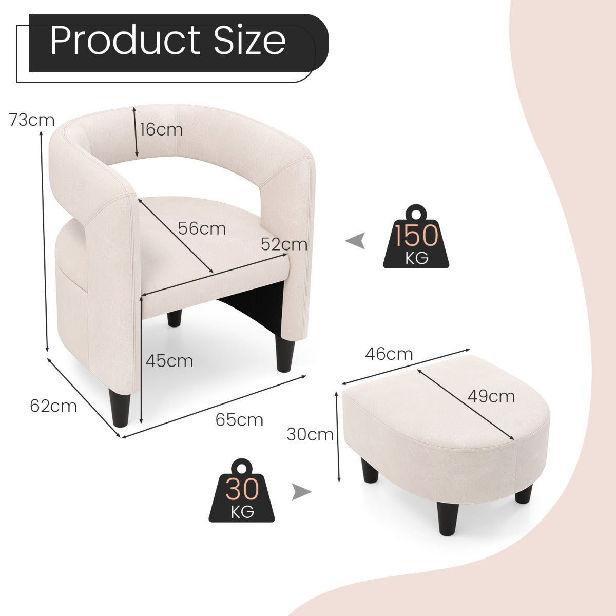LIVSK Bontstoel en Poef Set - Ergonomisch Design met Ruim Zitvlak - Massief Houten Frame - Voor Kleine Ruimtes - Beige