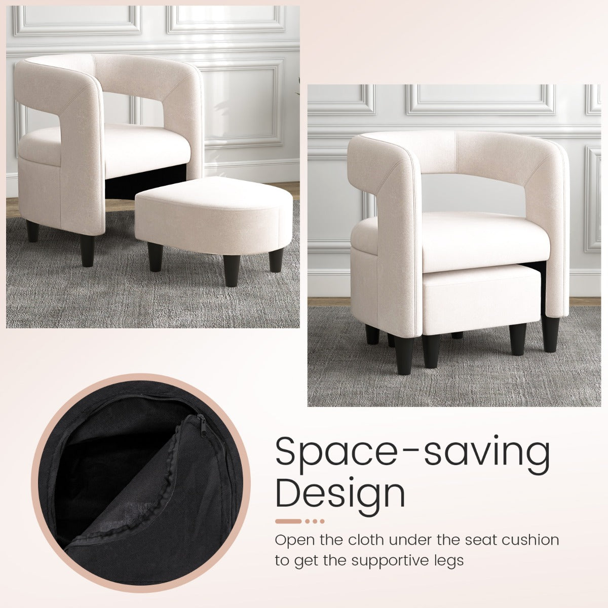 LIVSK Bontstoel en Poef Set - Ergonomisch Design met Ruim Zitvlak - Massief Houten Frame - Voor Kleine Ruimtes - Beige