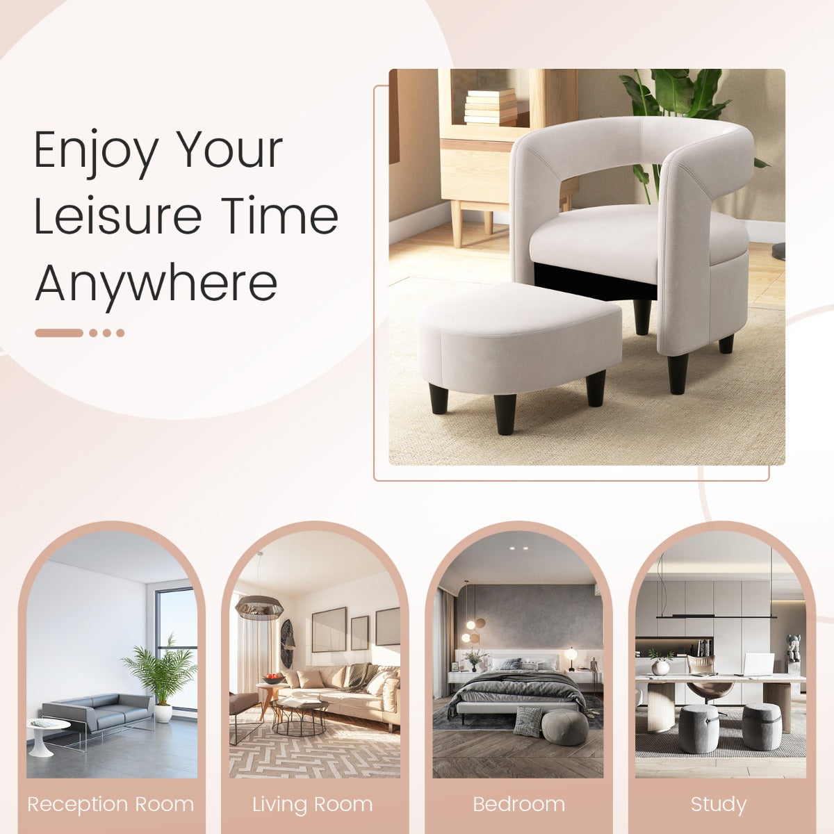LIVSK Bontstoel en Poef Set - Ergonomisch Design met Ruim Zitvlak - Massief Houten Frame - Voor Kleine Ruimtes - Beige