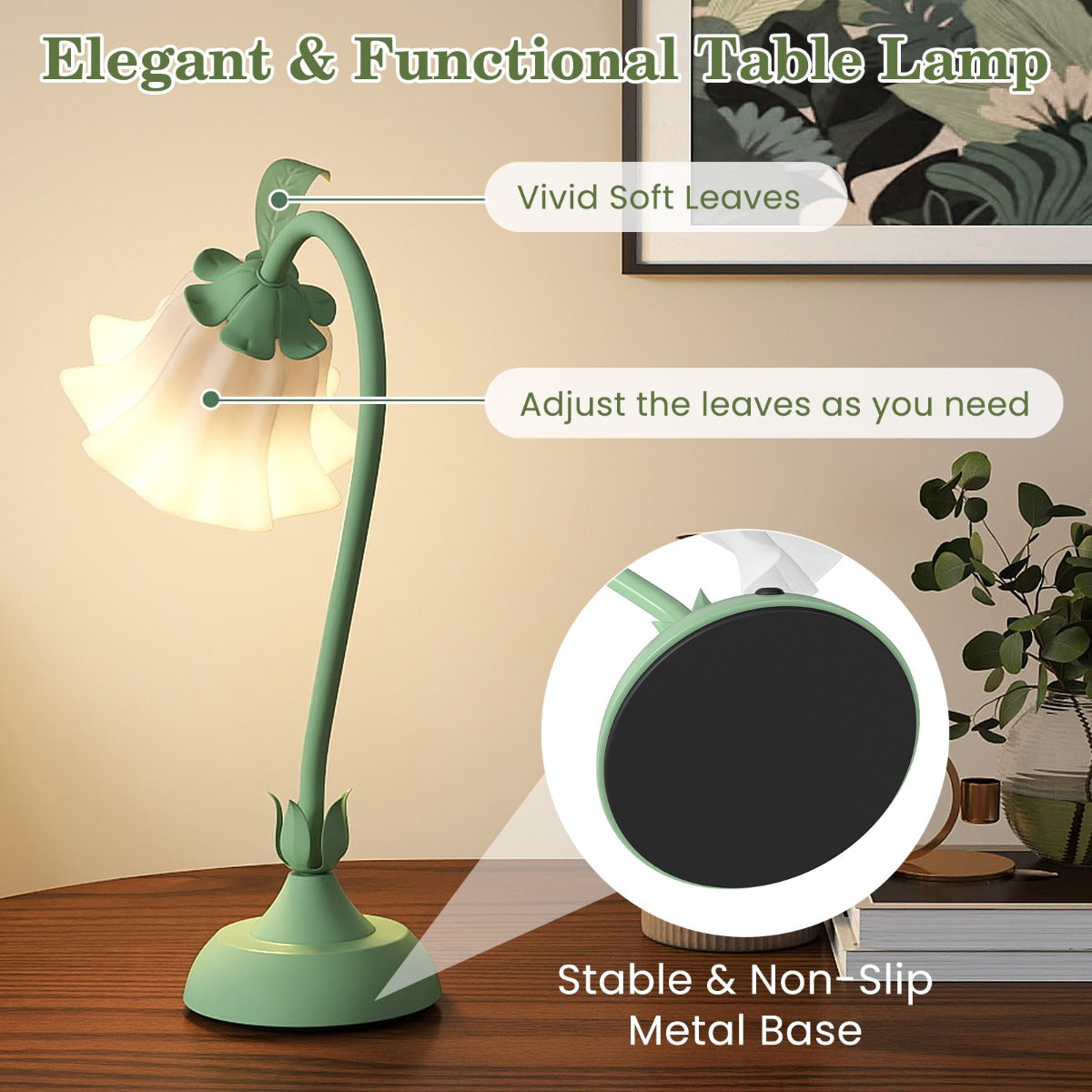 Livsk costway retro bedlamp met lelietjes van dalen acryl lampenkap en verstelbare lampenpaal 3
