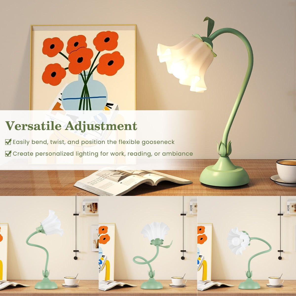 Livsk costway retro bedlamp met lelietjes van dalen acryl lampenkap en verstelbare lampenpaal 4