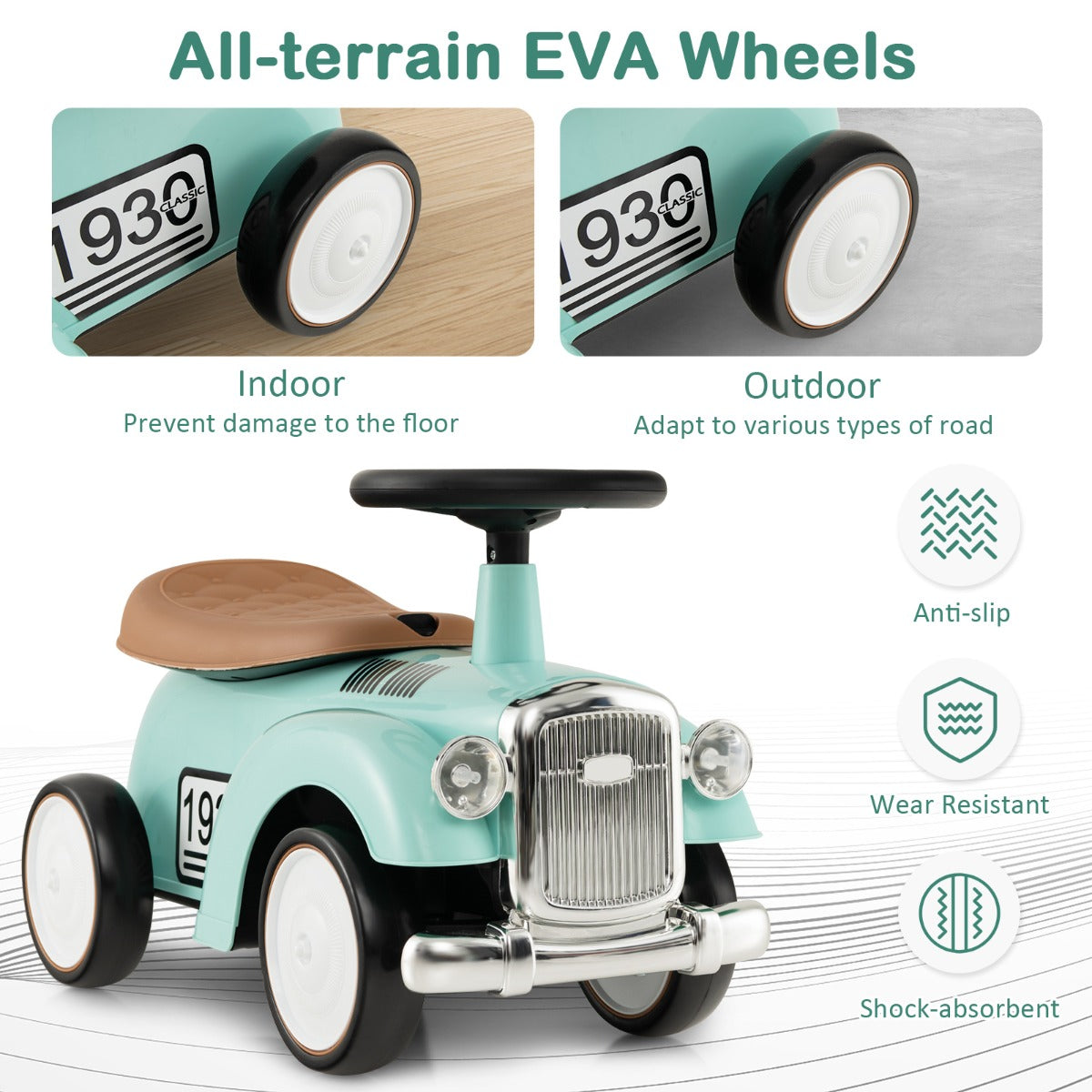 LIVSK Ride-on Kinderspeelauto - Geluidsstuurwiel - Ergonomische Zitting met Opbergruimte - EVA-wielen - Tot 25 kg - Groen