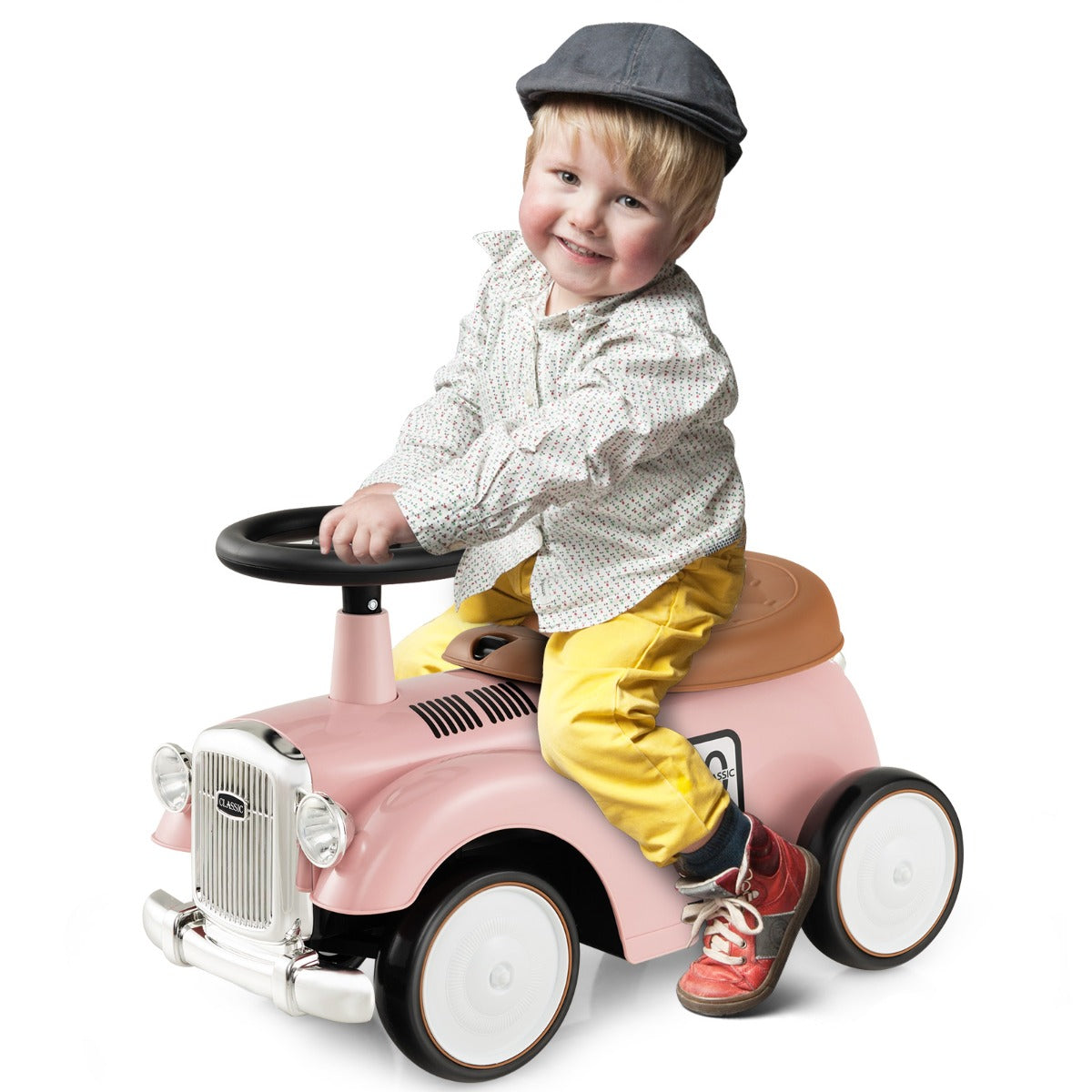 LIVSK Retro Kinder Ride-on Auto - Veilig Stuurwiel - Ergonomische Zitting met Opbergruimte - EVA-wielen - Tot 25 kg - Roze