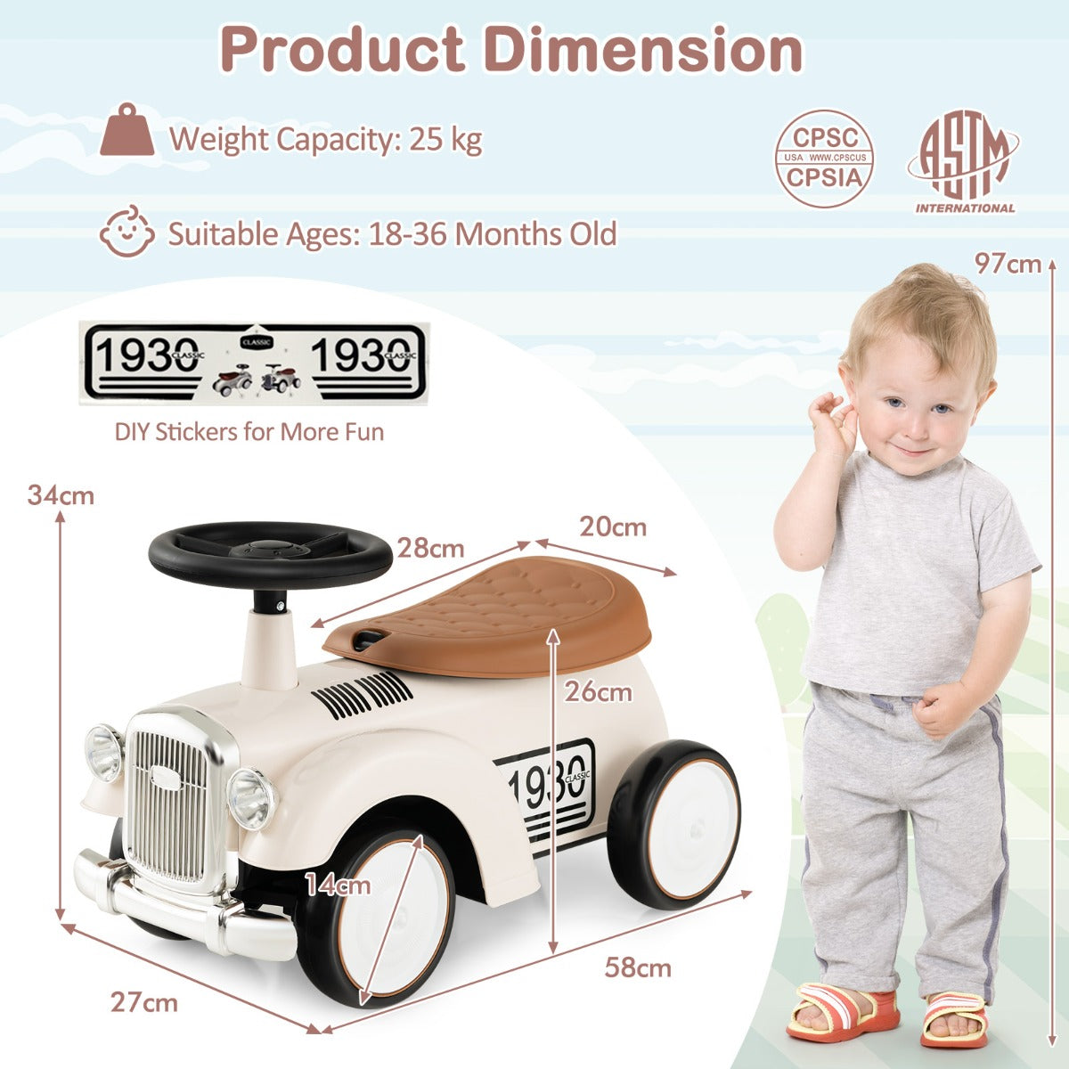 LIVSK Kinder Ride-On Auto - Ergonomisch Stuur - Opbergruimte - EVA Wielen - Voor 18-36 maanden - Wit