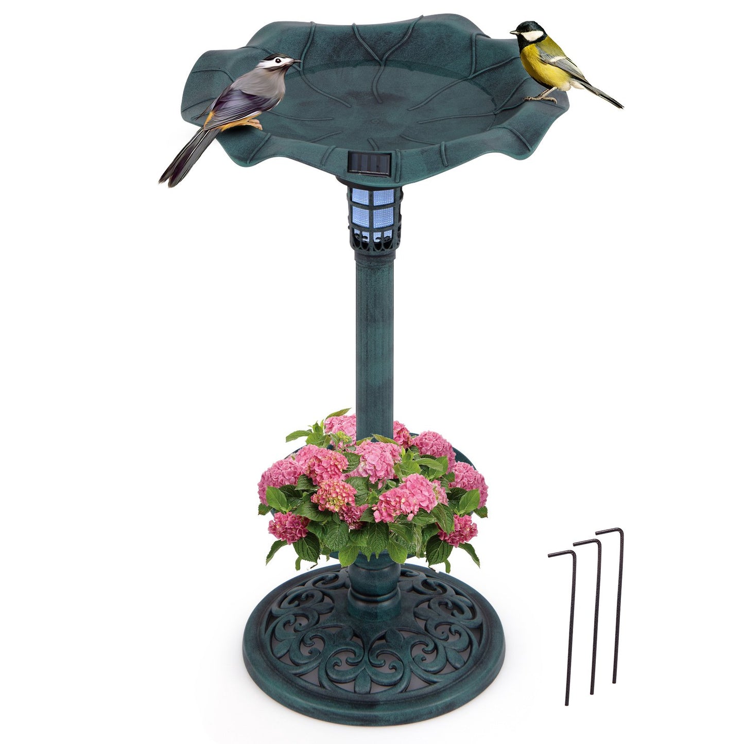 LIVSK Vogelbad met Solarverlichting - Multifunctioneel met LED-licht - Geribbelde schaal - Weerbestendig PP-materiaal - 43 x 43 x